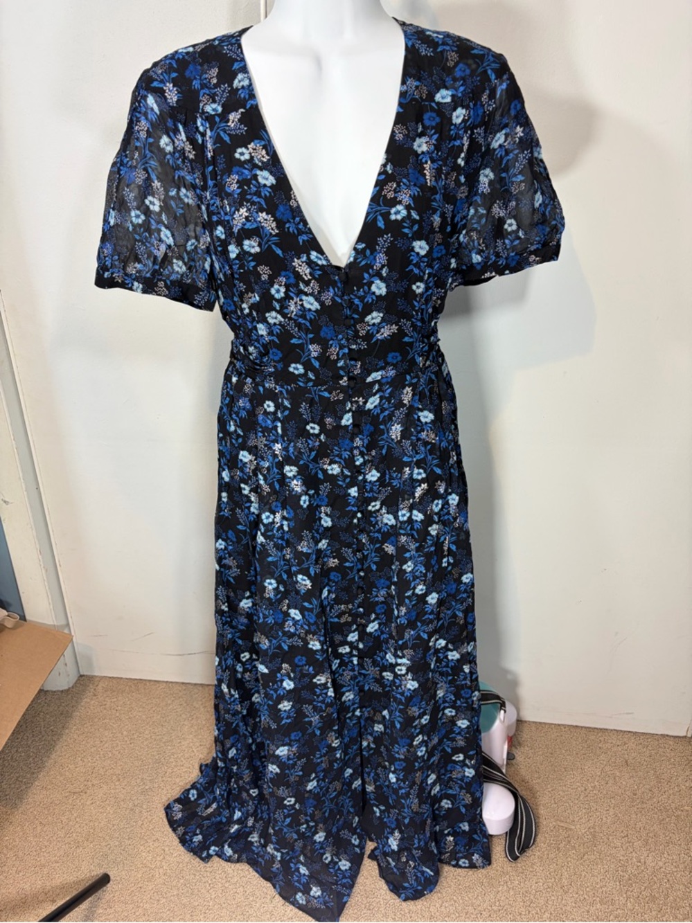 THE KOOPLES FR3 / US 8 Women's Blue Floral V-Neck Dress NWT